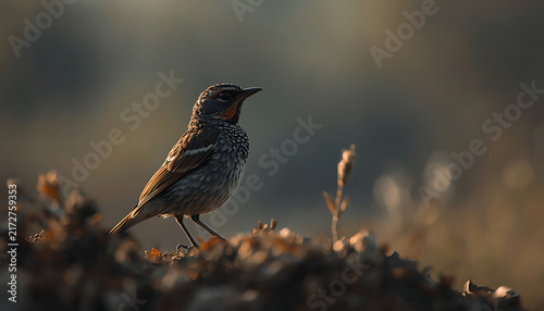 A solitary wild bird perched on a mound in soft sunlight
