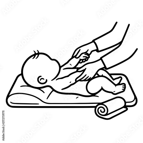 Adult hands gently massaging baby chest and stomach while lying down routine infant spa treatment and relaxation vector line art