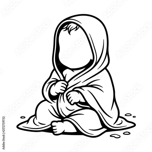 Cute newborn baby sitting wrapped in a soft warm towel after bath time step by step baby spa massage treatment outline vector illustration