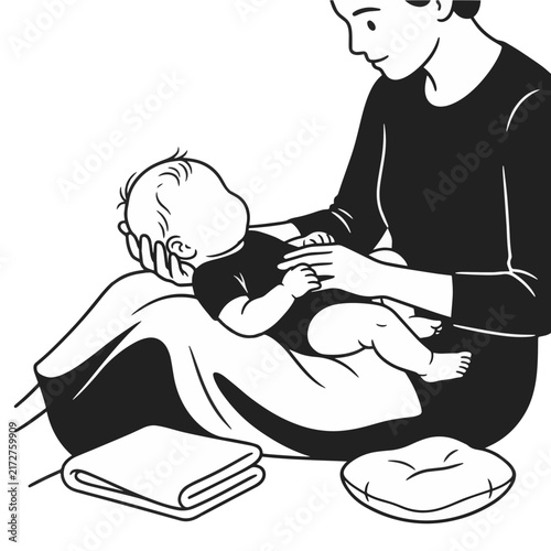 Vector illustration of a loving mother sitting and holding her newborn baby on her lap while giving a soothing body massage for infant wellness concept