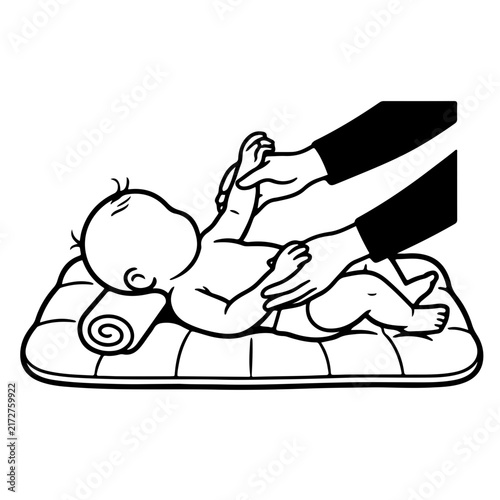 Vector illustration of a mother or therapist performing gentle body massage on a cute baby lying on a padded mat for baby spa care wellness concept