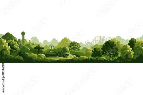 Amusement park landscape with rides and trees