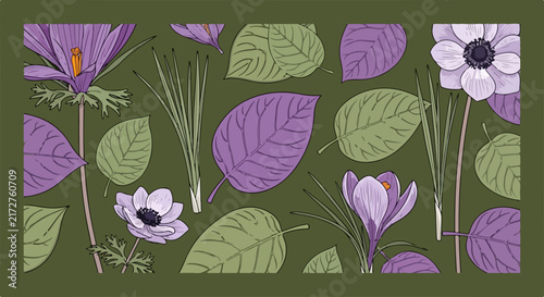 Purple and White Flowers with Green Leaves Pattern