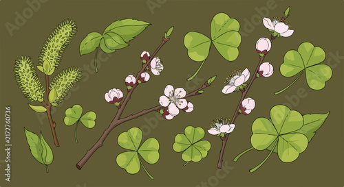Spring Blossoms and Shamrock Leaves Illustration