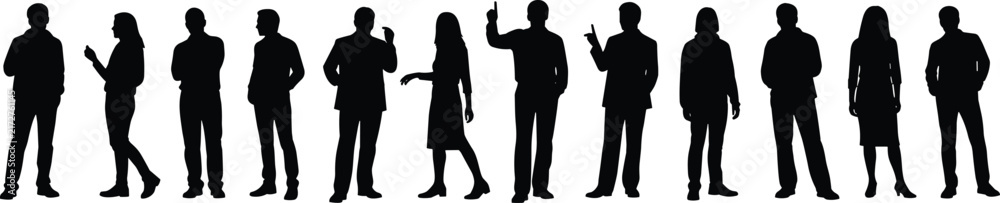 Fototapeta premium Large Collection of Diverse People Silhouettes Featuring Men and Women in Professional Business Attire Standing in Various Poses Isolated on White Background for Corporate Design