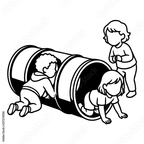 Happy toddlers playing and crawling through a play tunnel tube vector line art illustration isolated on white background for kids playground activity