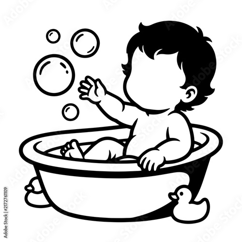 Cute baby sitting in bathtub reaching for soap bubbles vector line art illustration isolated on white background for baby spa and bath time concept