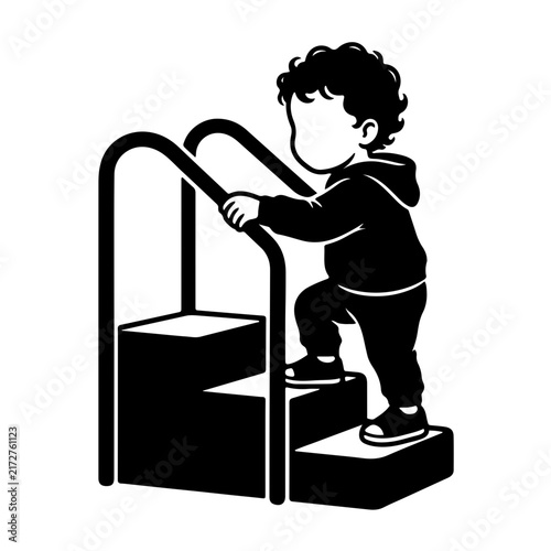 Cute toddler boy climbing up playground stairs vector line art illustration isolated on white background for kids active play design concept