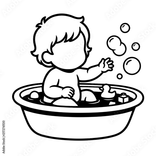 Cute happy baby sitting in bubble bath tub playing water bubbles baby spa wellness therapy hygiene activity vector illustration black white line art outline clipart isolated white background