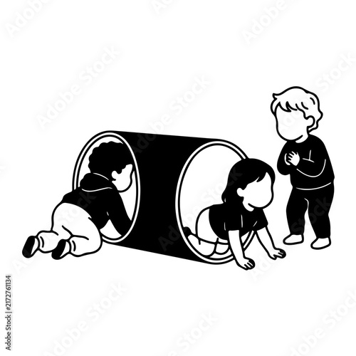 Cute toddlers playing tunnel crawl outdoor playground activity motor skills sensory obstacle path vector illustration black white line art outline clipart isolated white background