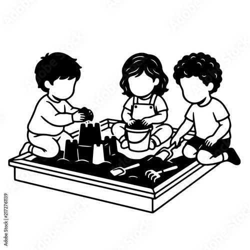 Group of cute children playing sandpit building sand castle together sandbox outdoor activity play sensory play development vector illustration black white line art outline clipart isolated white back
