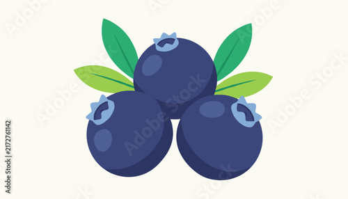 Flat vector illustration of three ripe blue blueberries with fresh green leaves on an off white background.