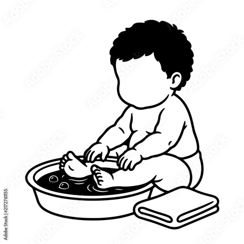 Cute baby boy sitting in small bathtub washing feet splash water sensory baby spa therapy hygiene activity vector illustration black white line art outline clipart isolated white background