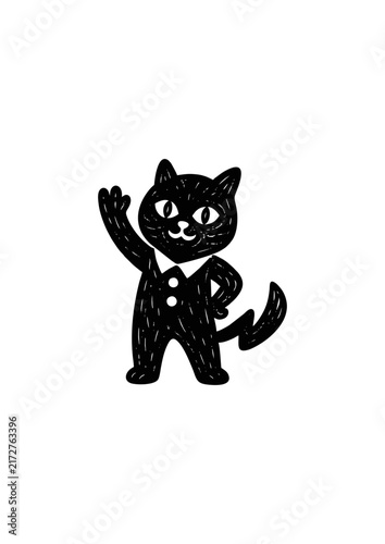 Black Cat Character Waving Hand, Hand-Drawn Cartoon Animal Illustration in Suit