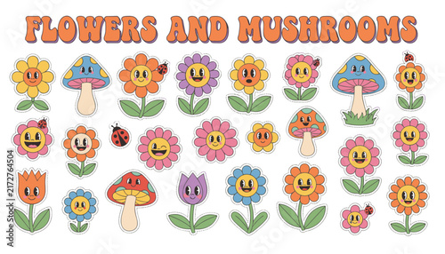 Groovy retro stickers with cute smiling flowers, mushrooms, tulips and ladybugs in hippie style of seventies.