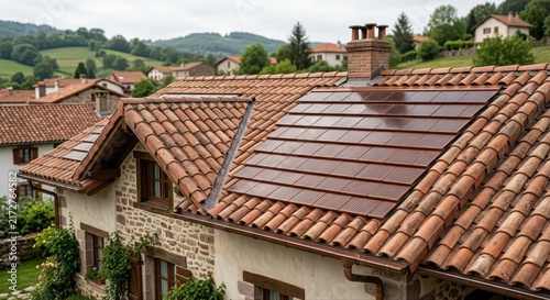 Integrated Solar Roof Tiles on a Traditional Terracotta Tiled House in a Rural Village Setting