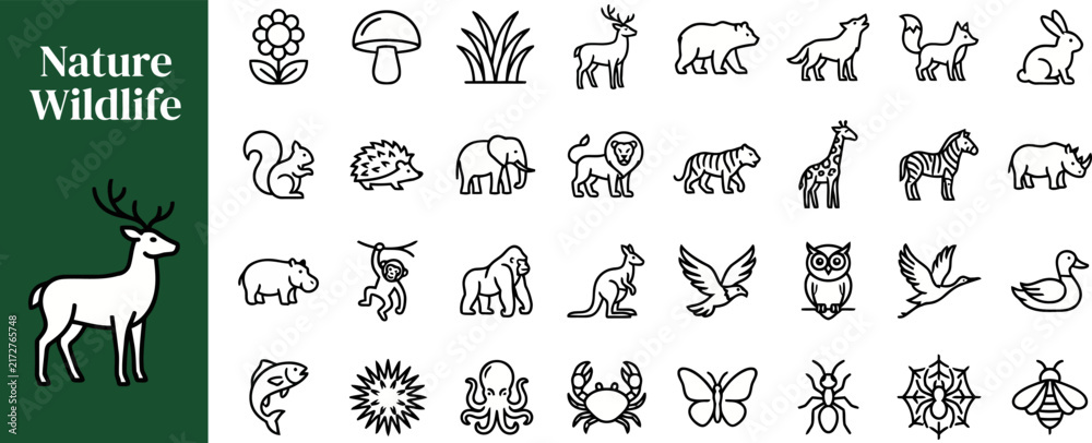 Obraz premium Forest Animals outline icon set. Featuring deer, bear, tiger, giraffe, and zebra symbols. Editable stroke vector icons for wildlife park and nature encyclopedia.