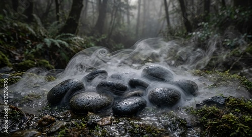 Mysterious Swirling Mist Engulfing Wet Stones in a Dark, Foggy Forest Landscape