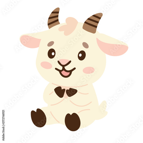 Cute little goat sitting happily vector illustration. Flat cartoon farm animal character, domestic livestock mascot isolated design element