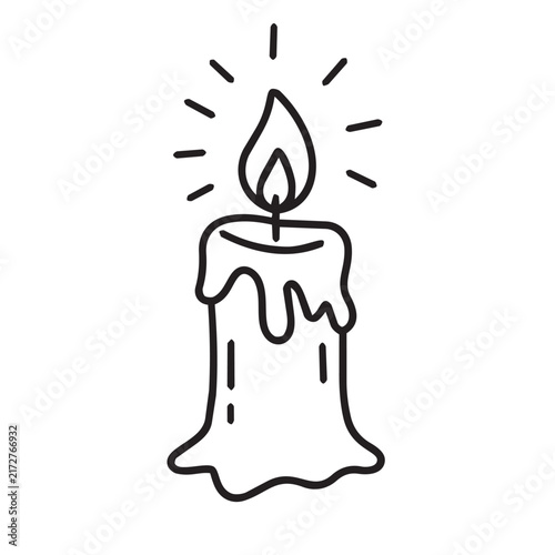 Burning candle line art vector illustration. Flat cartoon candlestick outline icon, cozy mystical design element isolated on white background