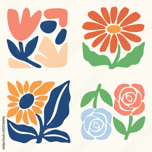 Modern abstract floral art set vector illustration. Flat cartoon flowers cut-out collection with daisy, rose, and leaves prints