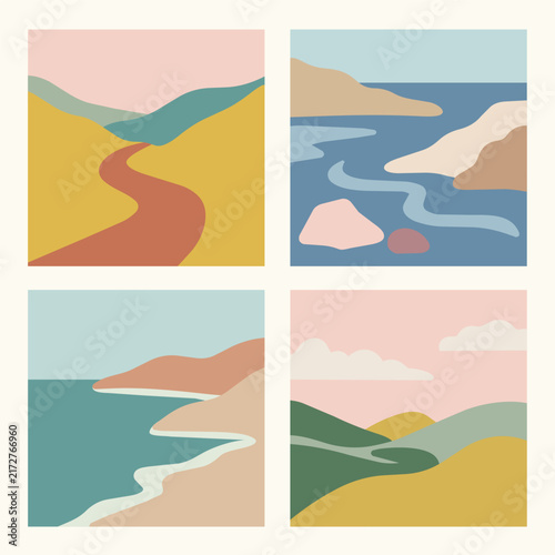 Four landscape nature views set vector illustration. Flat cartoon countryside, mountains, and coastal scenery art prints collection