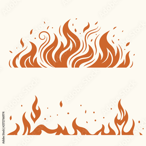 Fiery flames borders set vector illustration. Flat cartoon warm fire blaze banners, campfire energy design elements isolated on white background