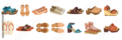 Women casual and summer footwear set vector illustration. Flat cartoon sandals, flip-flops, mules, sneakers, and boots isolated design elements