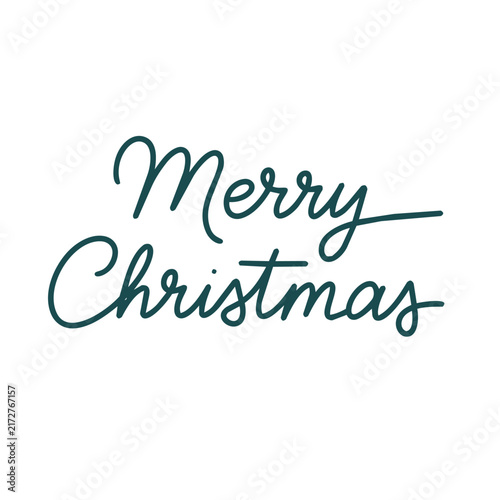 Dark green cursive Merry Christmas text vector illustration. Flat cartoon calligraphic script phrase for winter holiday card or poster