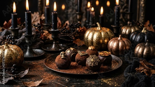 Spooky Delights: A hauntingly beautiful spread of dark chocolate truffles sits amidst a harvest of golden pumpkins, framed by flickering black candles.