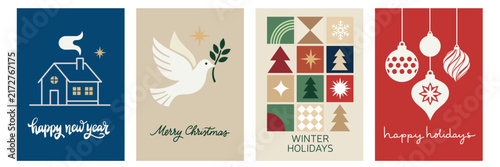 Christmas and winter holiday mini cards set vector illustration. Flat cartoon poster templates with dove, Christmas tree, gift pattern, and bauble