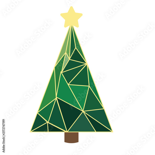 Modern geometric Christmas tree with star vector illustration. Flat cartoon green evergreen fir tree, winter holiday symbol isolated design element