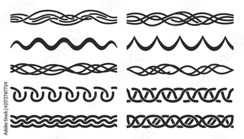 Vintage border collection with various wavy, braided, and twisted linear patterns in black silhouette on a white background.