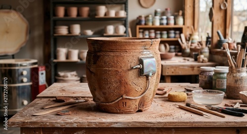 Rustic terracotta ceramic actuator pot with integrated electronic component in a pottery studio