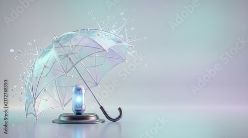Transparent umbrella with smartphone and water splash in soft light