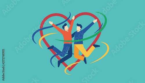 Joyful illustration of two men jumping happily in front of a large red heart decorated with colorful swirling ribbons.