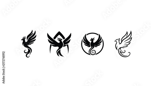 Set of four black and white phoenix bird logo designs showing different poses and circular emblem variations.
