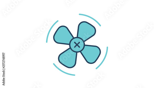 Spin animation of a teal electric fan head with four blades, showing air circulation on a white background.
