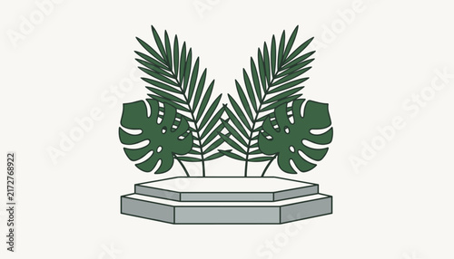 Grey hexagonal double-tiered exhibition pedestal decorated with large green tropical leaves behind it.