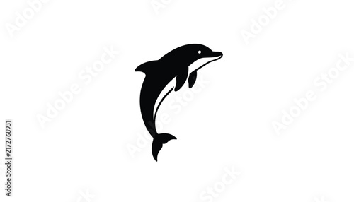 Single black silhouette of a graceful dolphin leaping through the air, isolated on a plain white background.