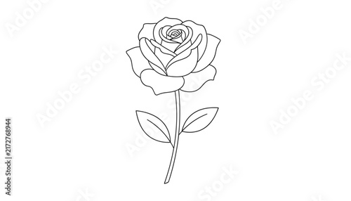 Classic line art drawing of a single blooming rose with stem and two leaves, isolated on a clean white background.