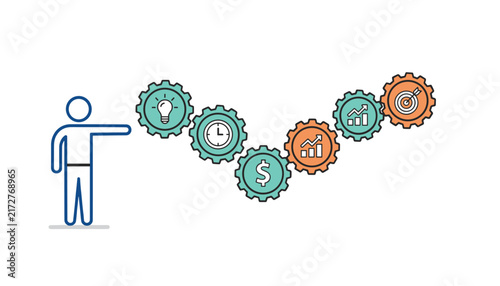 Business professional pointing at a chain of interconnected gears representing key steps of a successful project workflow.