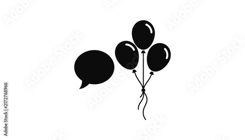 Speech bubble representing communication next to a bunch of three party balloons symbolizing celebration and events.