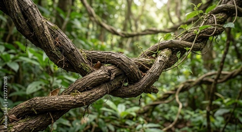 Thick Intertwined Vines and Lush Foliage in a Dense Tropical Jungle Setting