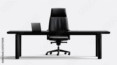 Minimalist black office desk with chair and laptop