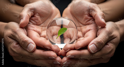 Multiple hands holding glass sphere with green leaf inside safely