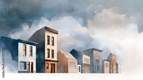 Modern Watercolor Illustration of an Empty Urban Street and Buildings