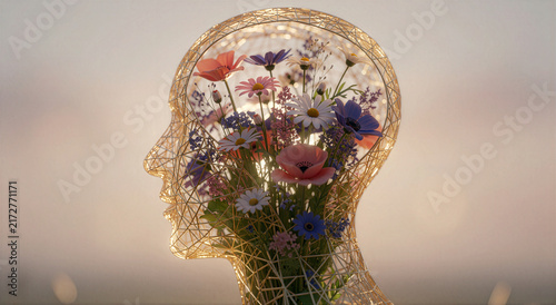 Wireframe Head Silhouette Filled With Flowers For Mental Health Concept