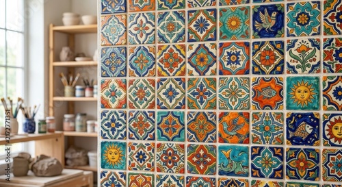 Vibrant and Ornate Decorative Ceramic Tiles with Intricate Ethnic Patterns in a Studio Setting