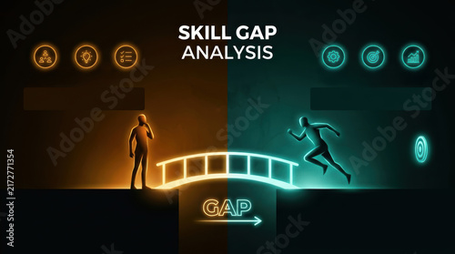 Skill gap analysis concept showing glowing bridge between human ability and career growth with progress icons